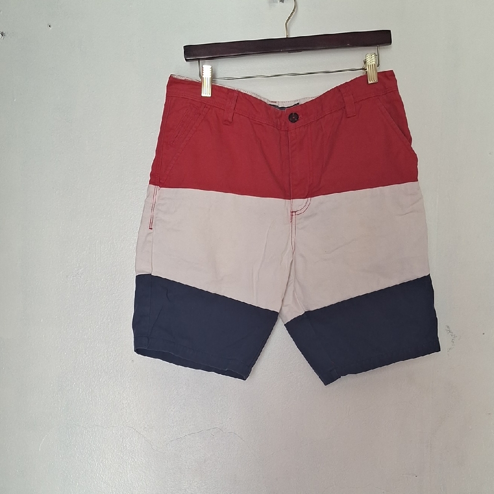 Men's Colorblock Shorts in Red, Cream, and Blue